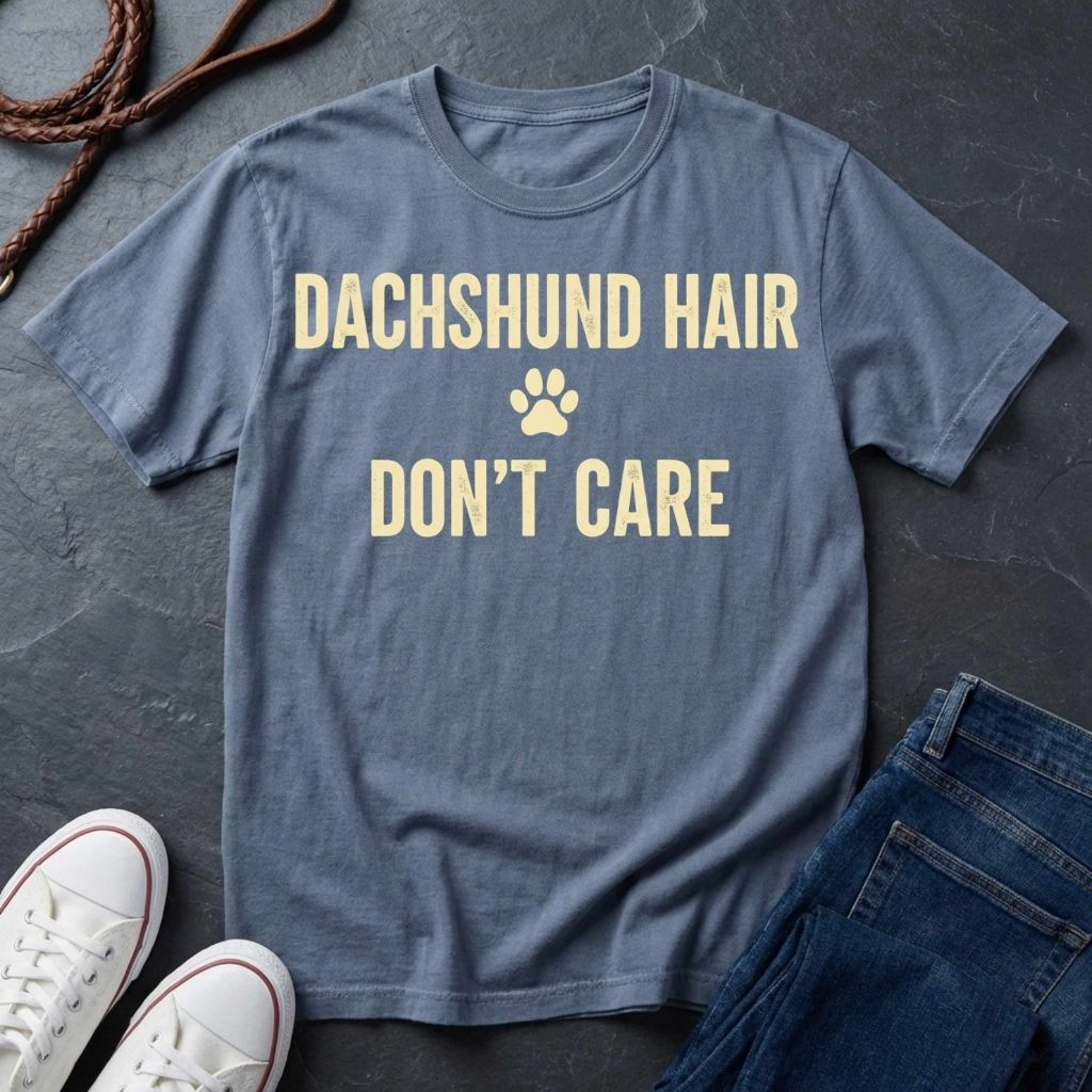 Blue Comfort Colors t-shirt with 'Dachshund Hair Don't Care' text on a dark surface with shoes and jeans.