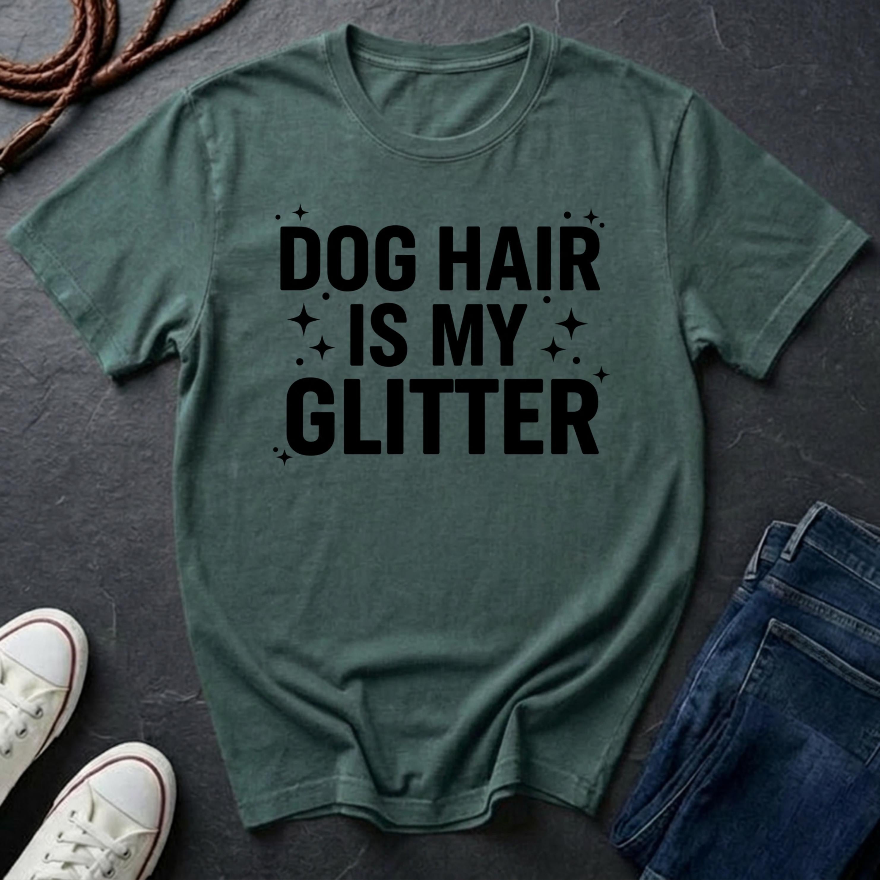 Green Comfort Colors t-shirt with 'Dog Hair is My Glitter' text on a dark surface with shoes and jeans.