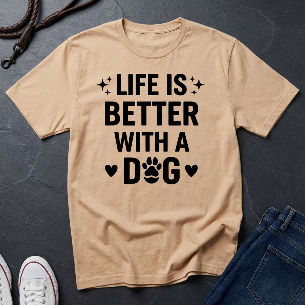 Beige Comfort Colors t-shirt with 'Life is better with a dog' text on a dark surface.