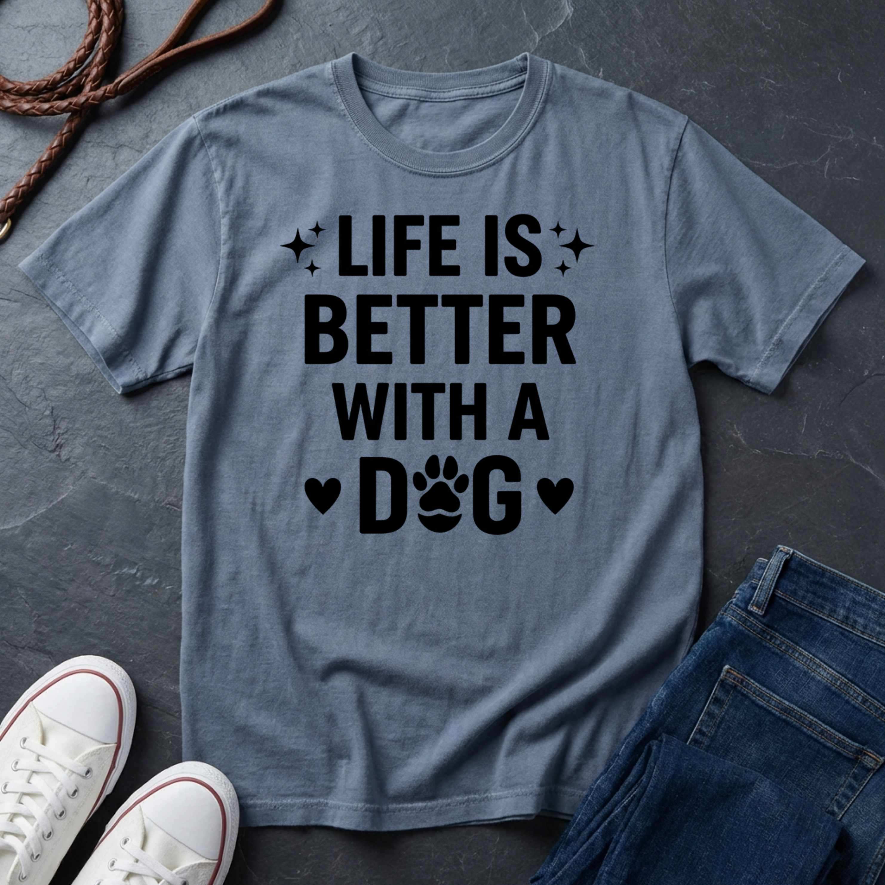 Gray Comfort Colors t-shirt with 'Life is better with a dog' text on a dark surface with shoes and jeans.
