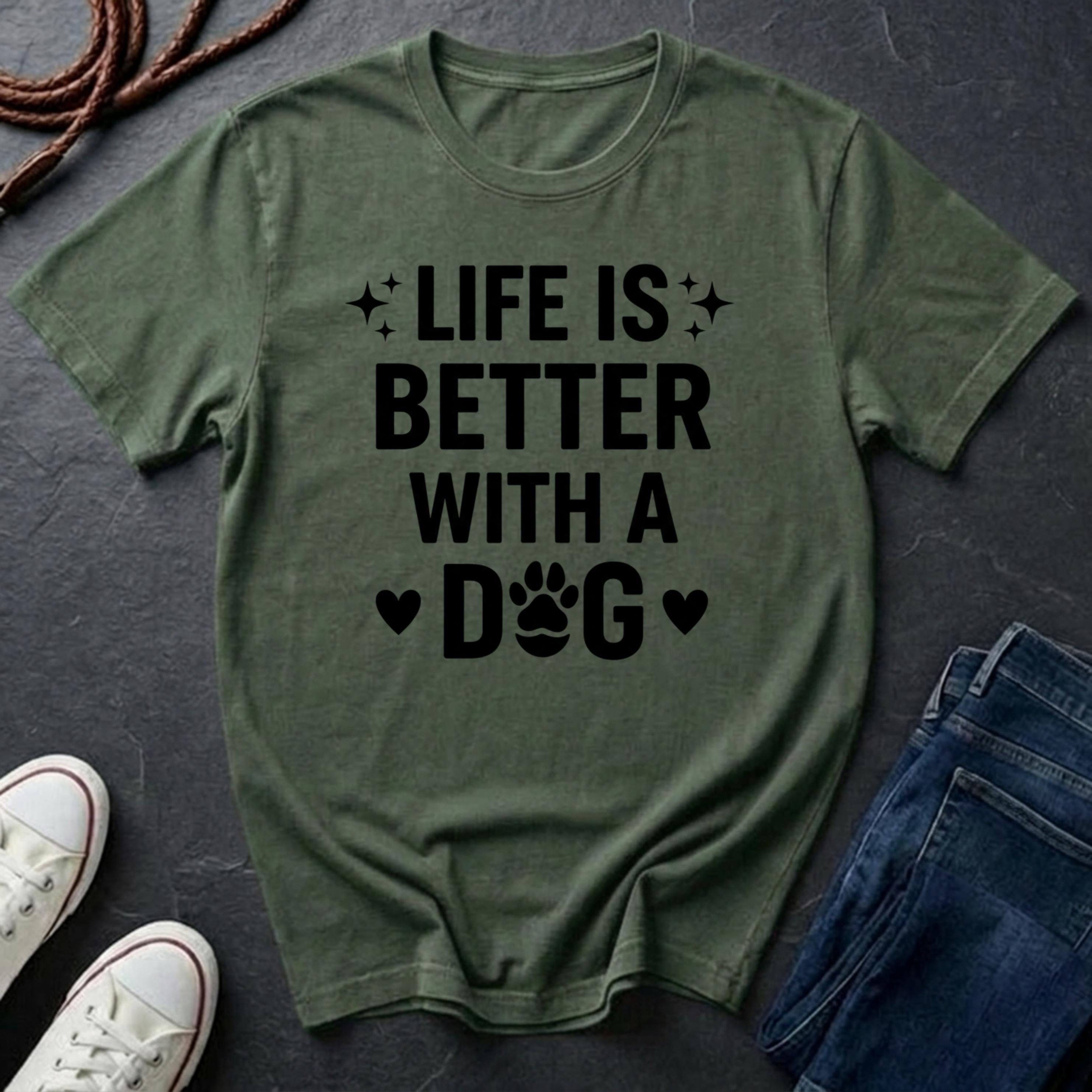 Green Comfort Colors t-shirt with 'Life is better with a dog' text on a dark surface with shoes and jeans.