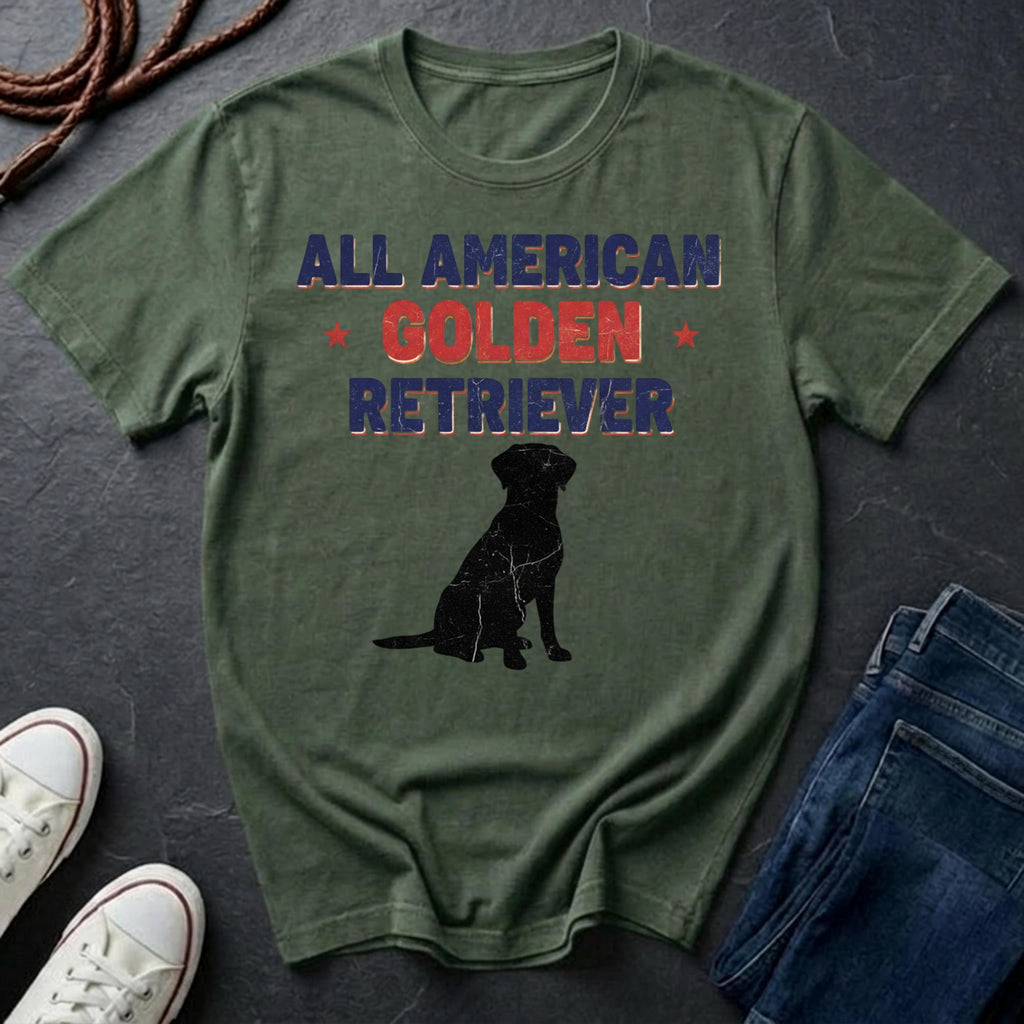 Green Comfort Colors t-shirt with 'All American Golden Retriever' text and dog silhouette on a dark surface.