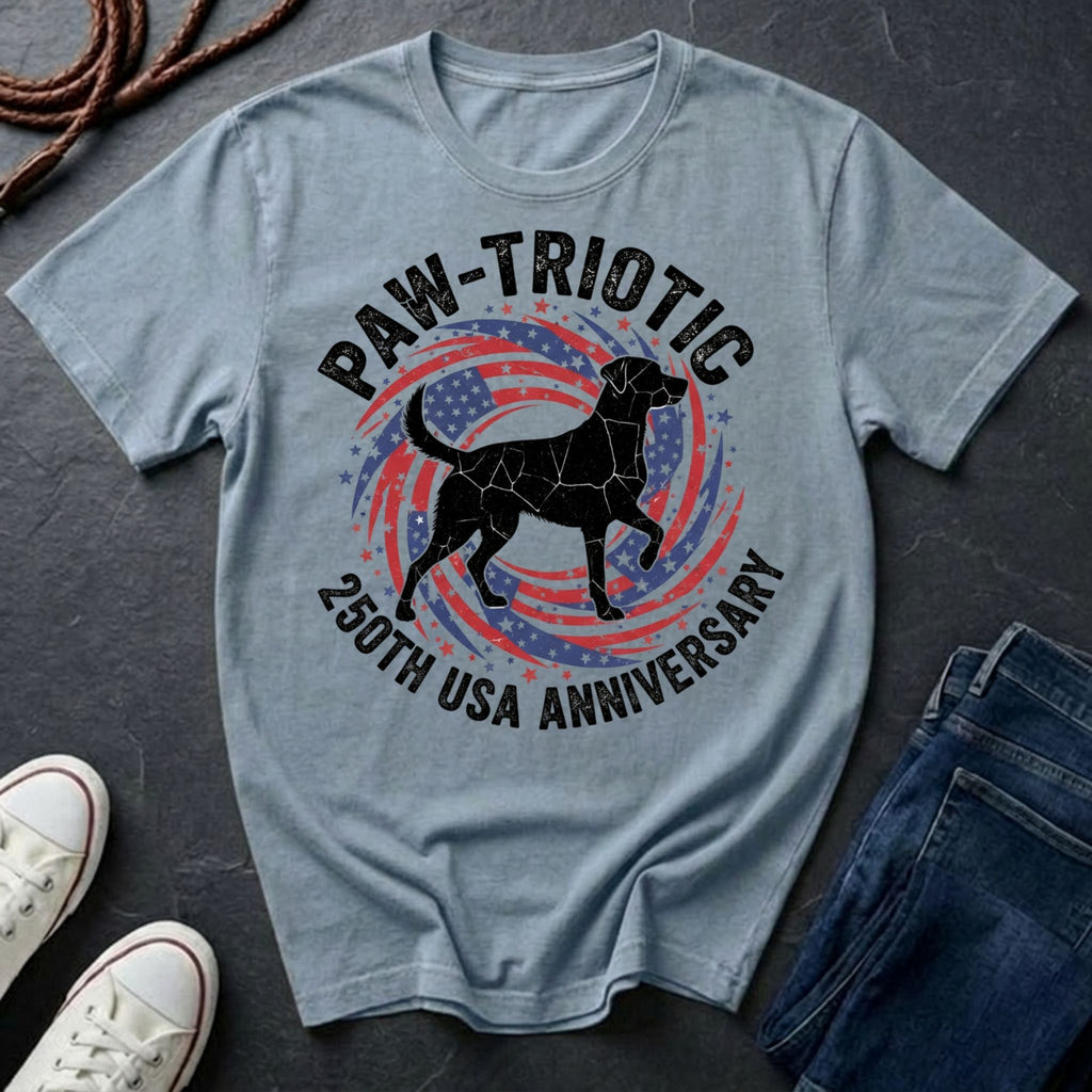 Gray Comfort Colors t-shirt with 'Paw-Triotic 250th USA Anniversary' design featuring a dog silhouette on a dark surface.