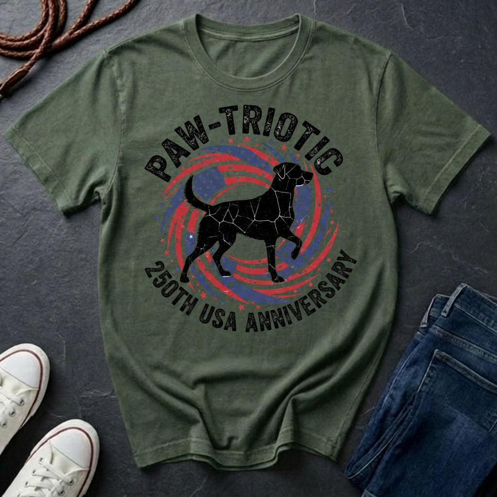 Green Comfort Colors t-shirt with a dog graphic and text on a dark surface with shoes and jeans.