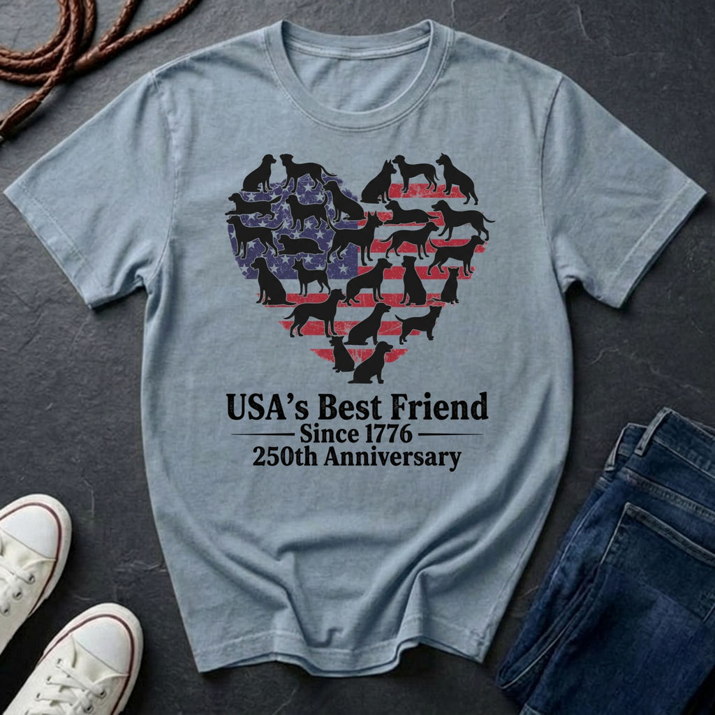 Gray Comfort Colors t-shirt with dog-themed design and text on a dark surface with shoes and jeans.