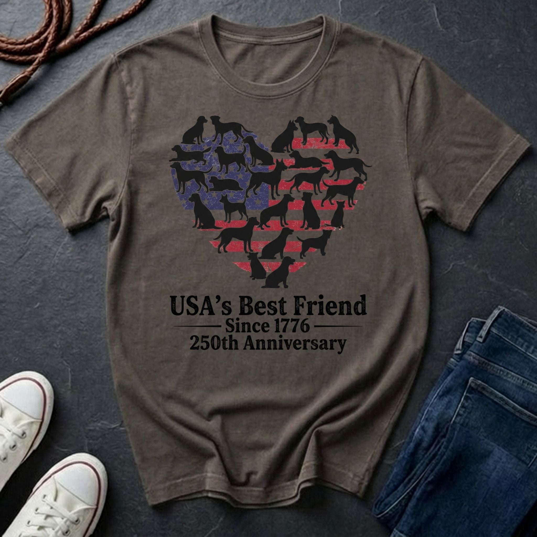 Brown Comfort Colors t-shirt with dog heart design and text on a dark surface with shoes and jeans.