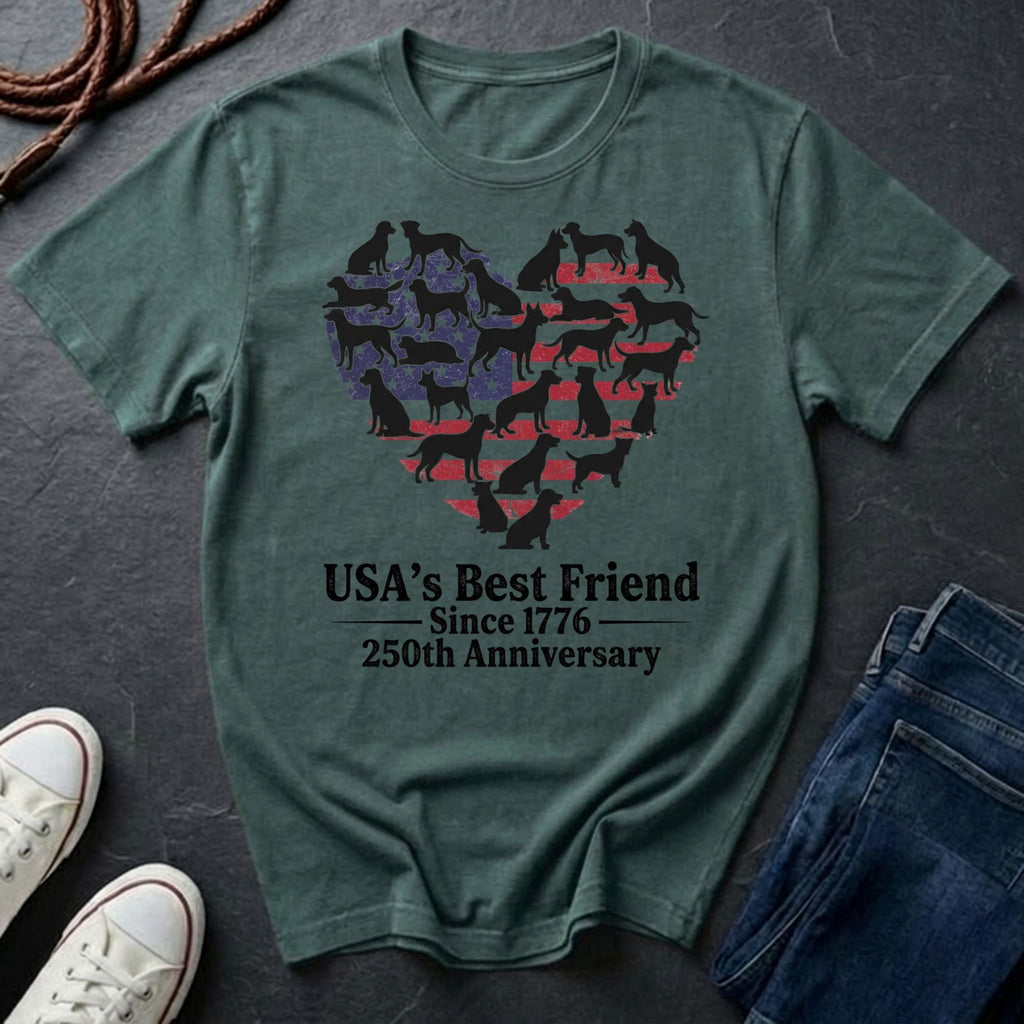Green Comfort Colors t-shirt with dog heart design and text on a dark surface with shoes and jeans.