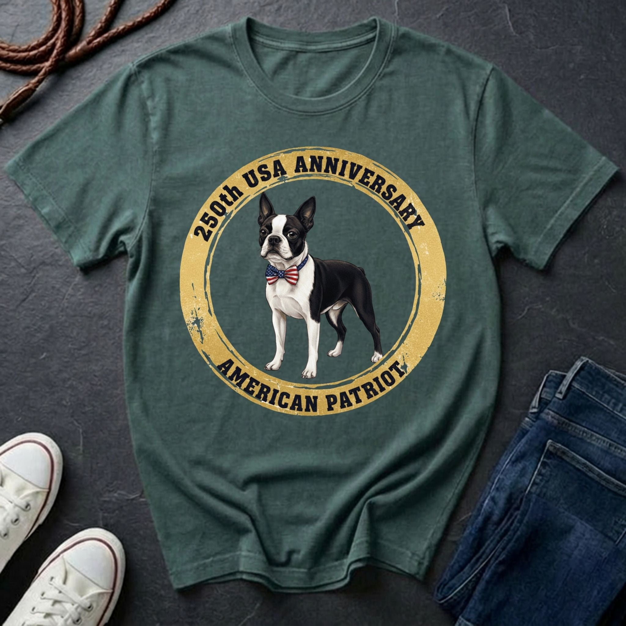 Green Comfort Colors t-shirt with a dog graphic and text on a dark surface with shoes and jeans.