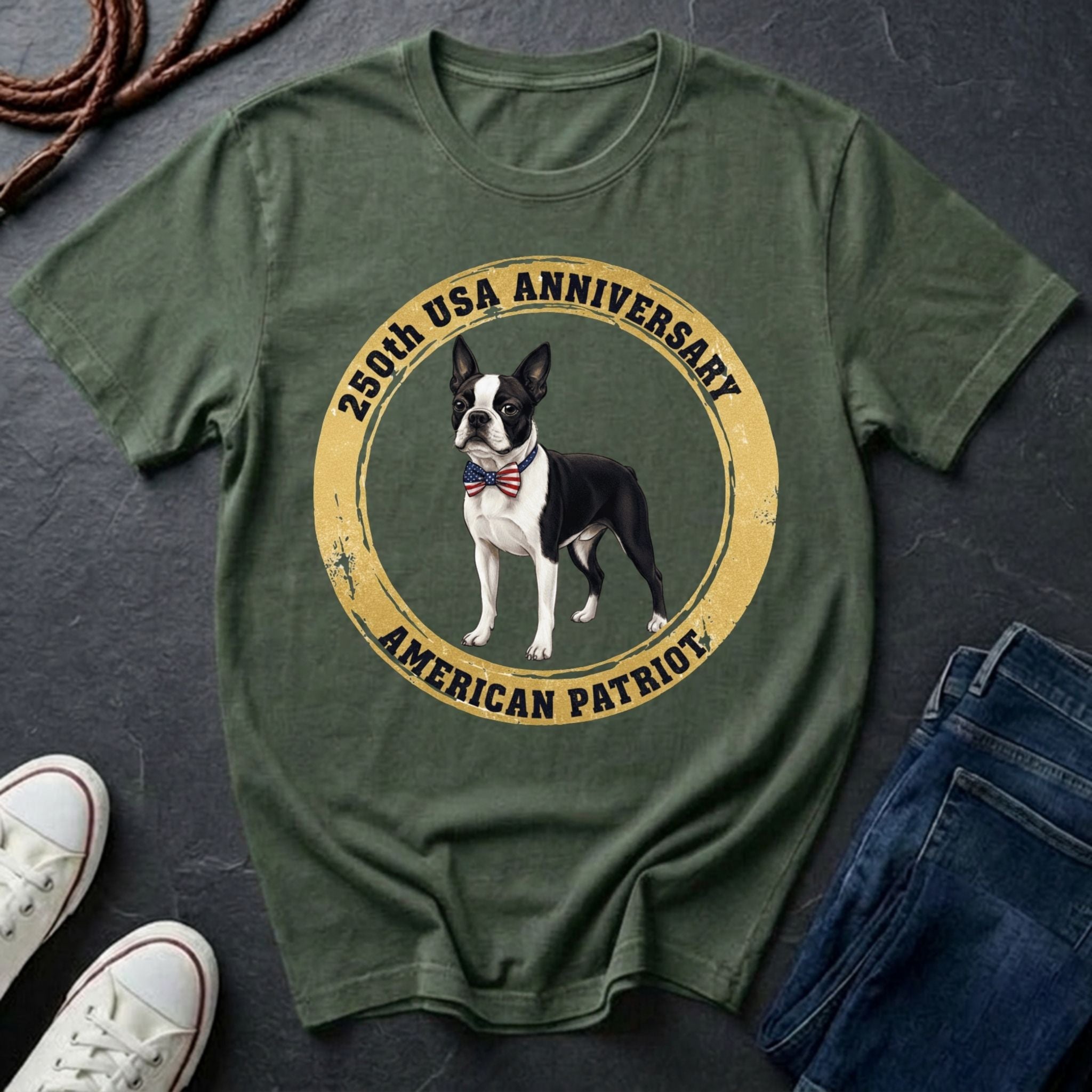 Green Comfort Colors t-shirt with a dog graphic and text on a dark surface with shoes and jeans.