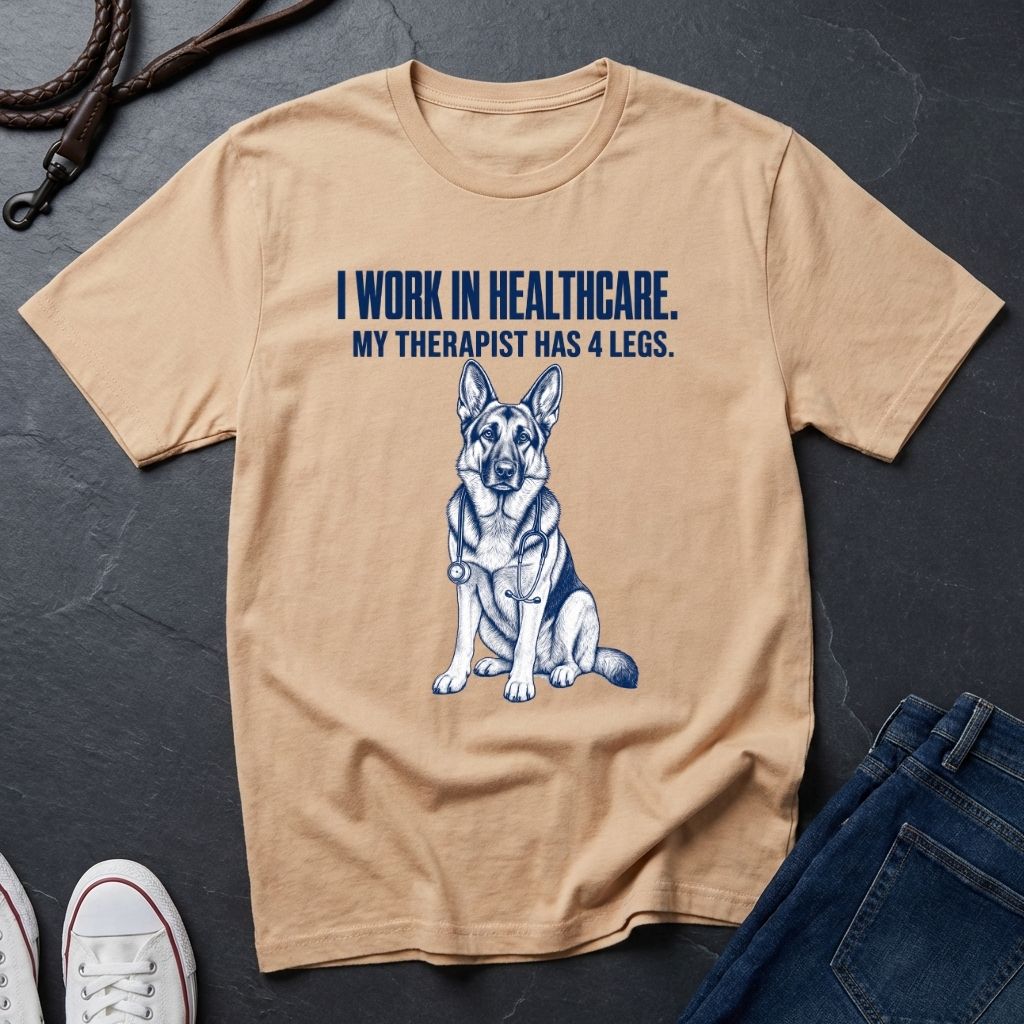 Beige Comfort Colors t-shirt with a dog graphic and text on a dark surface with shoes and jeans.