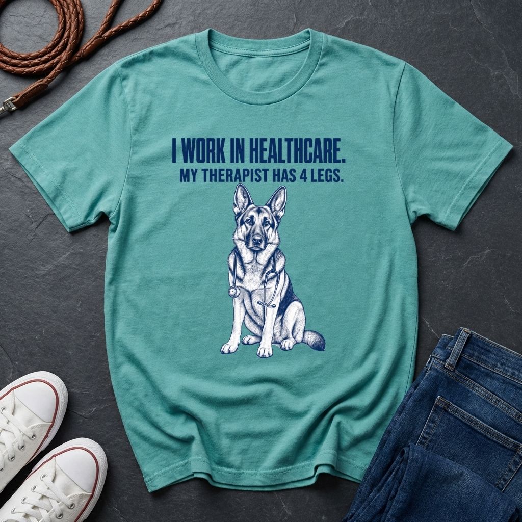 Teal Comfort Colors t-shirt with a dog graphic and text on a dark surface with shoes and jeans.