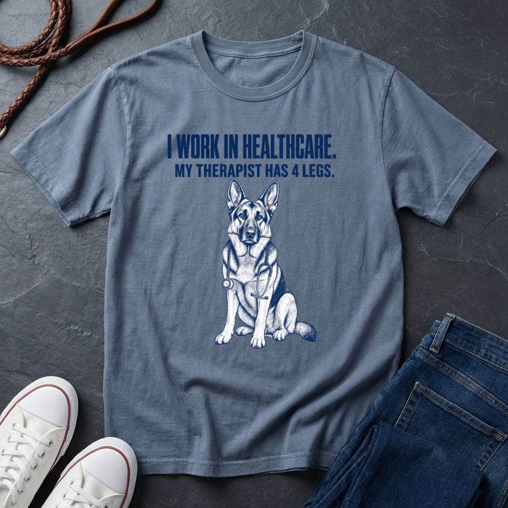 Blue Comfort Colors t-shirt with a dog graphic and text on a dark surface with shoes and jeans.