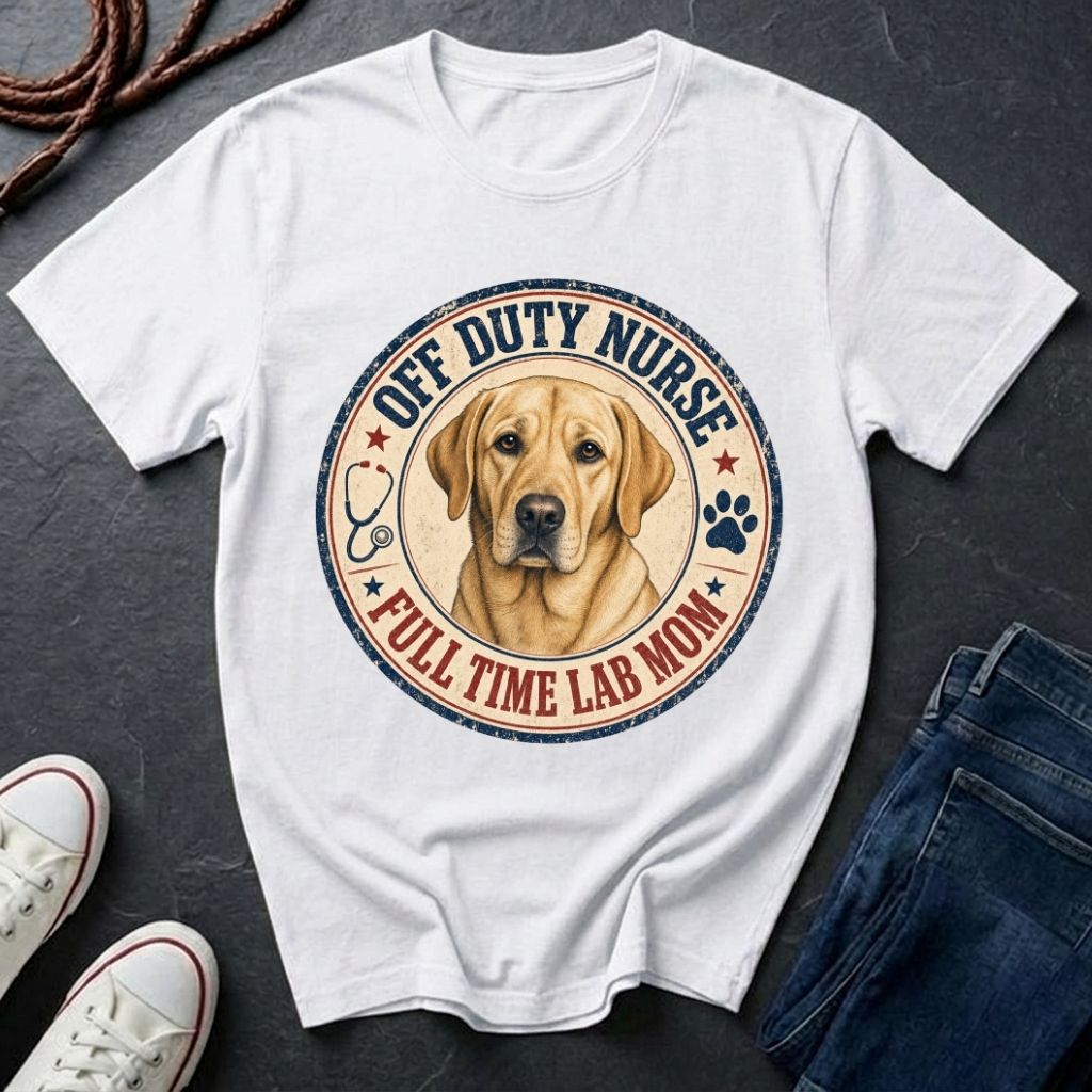 Off Duty Nurse Full Time Lab Mom T-Shirt – Yellow Lab Nurse Gift – Comfort Colors 1717