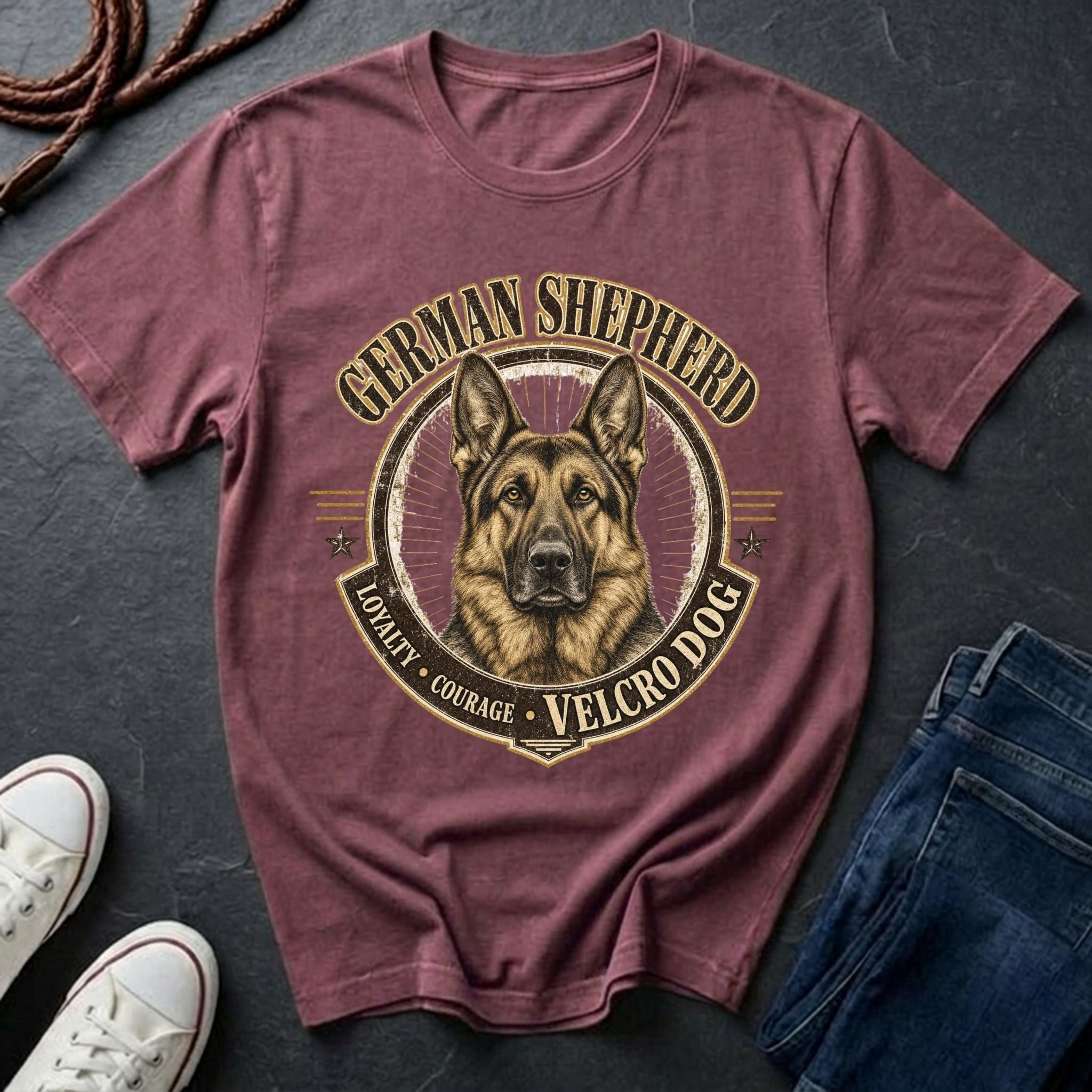 German Shepherd Shirt | Velcro Dog Funny GSD Gift | Vintage Heritage Badge Tee | Ships to US CA UK AU