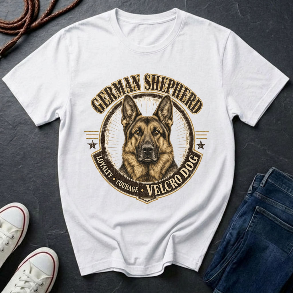 German Shepherd Shirt | Velcro Dog Funny GSD Gift | Vintage Heritage Badge Tee | Ships to US CA UK AU