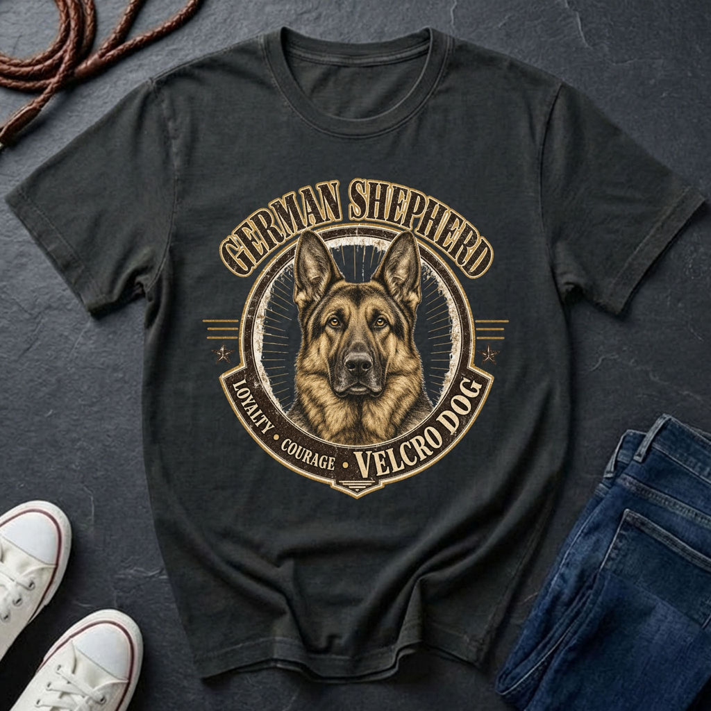 German Shepherd Shirt | Velcro Dog Funny GSD Gift | Vintage Heritage Badge Tee | Ships to US CA UK AU