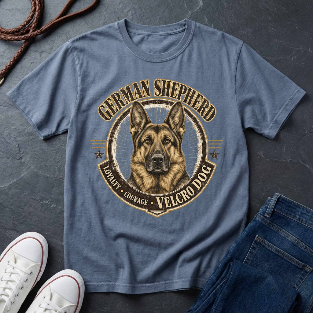 German Shepherd Shirt | Velcro Dog Funny GSD Gift | Vintage Heritage Badge Tee | Ships to US CA UK AU