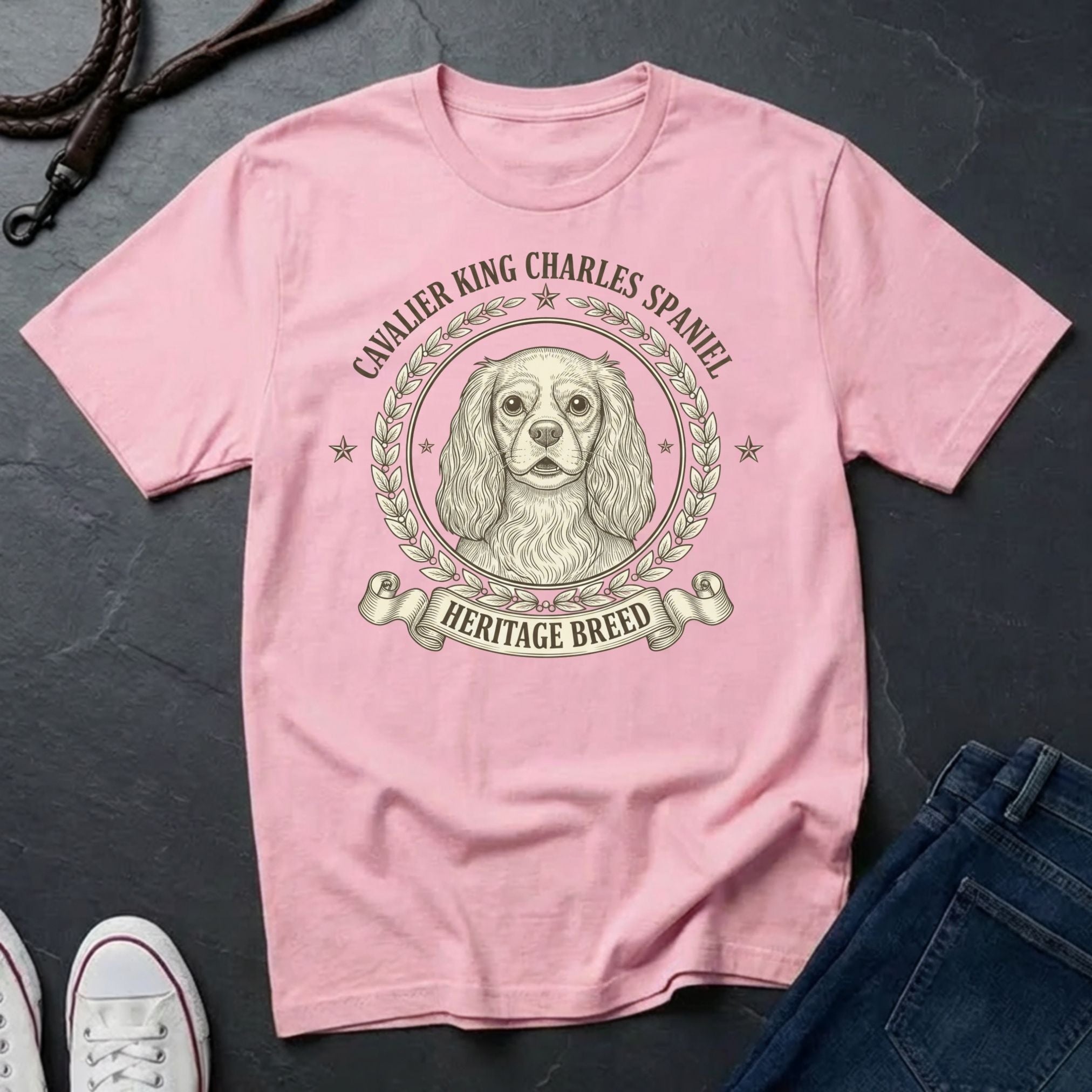 Cavalier King Charles Spaniel Heritage Breed T-Shirt | Vintage Badge Dog Lover Gift Shirt on a blossom Comfort Colors Tee
