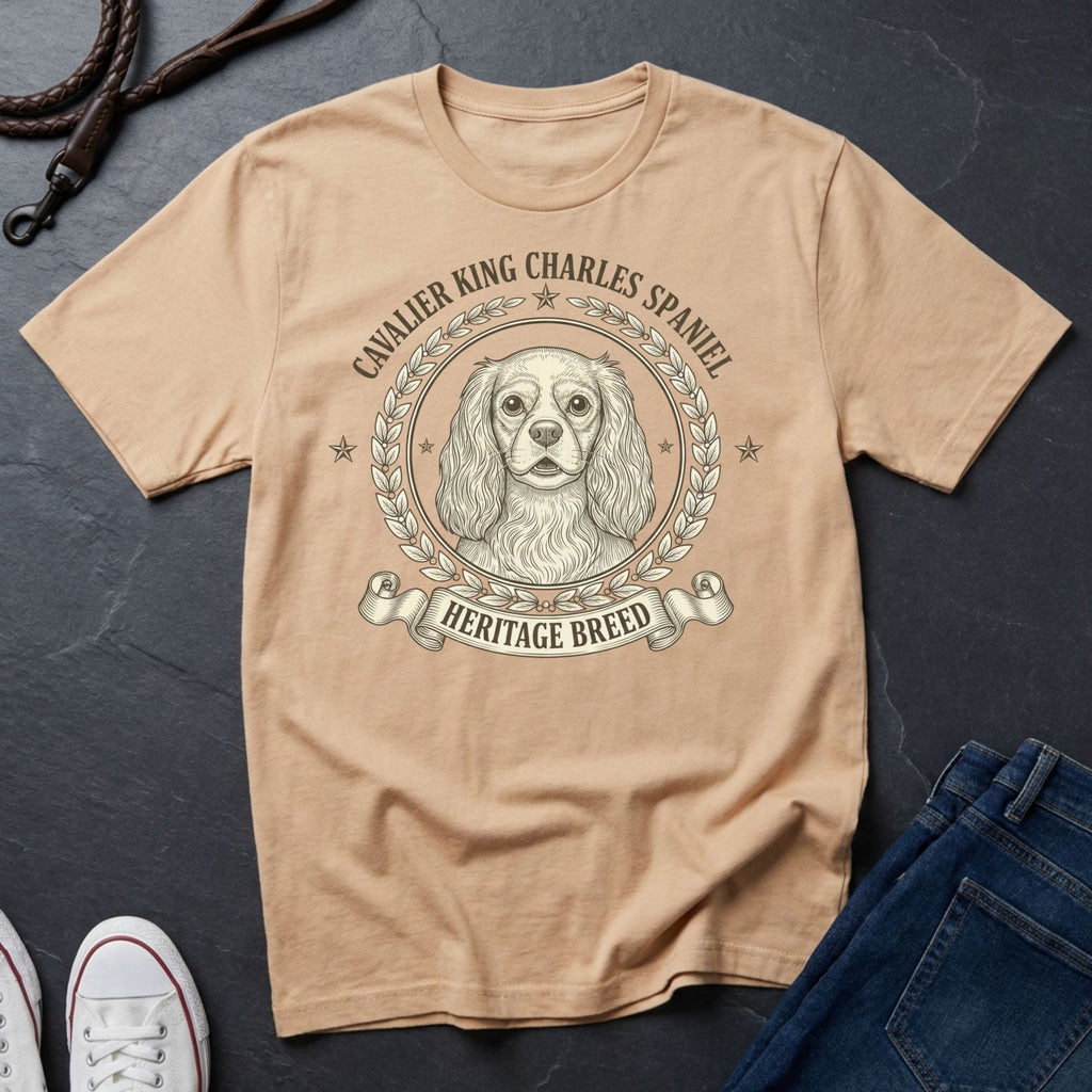 Cavalier King Charles Spaniel Heritage Breed T-Shirt | Vintage Badge Dog Lover Gift Shirt on a ivory Comfort Colors Tee
