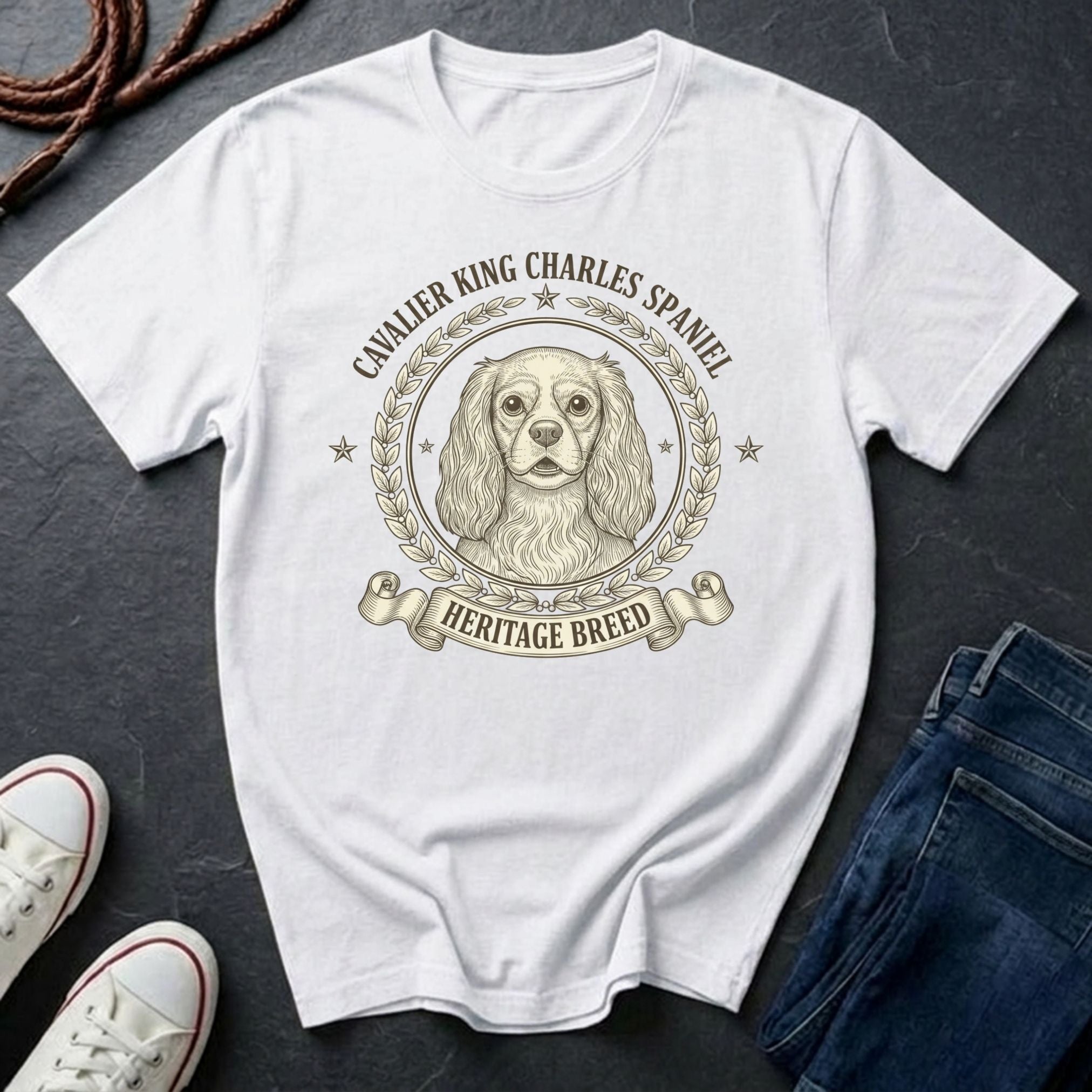 Cavalier King Charles Spaniel Heritage Breed T-Shirt | Vintage Badge Dog Lover Gift Shirt on a white Comfort Colors Tee
