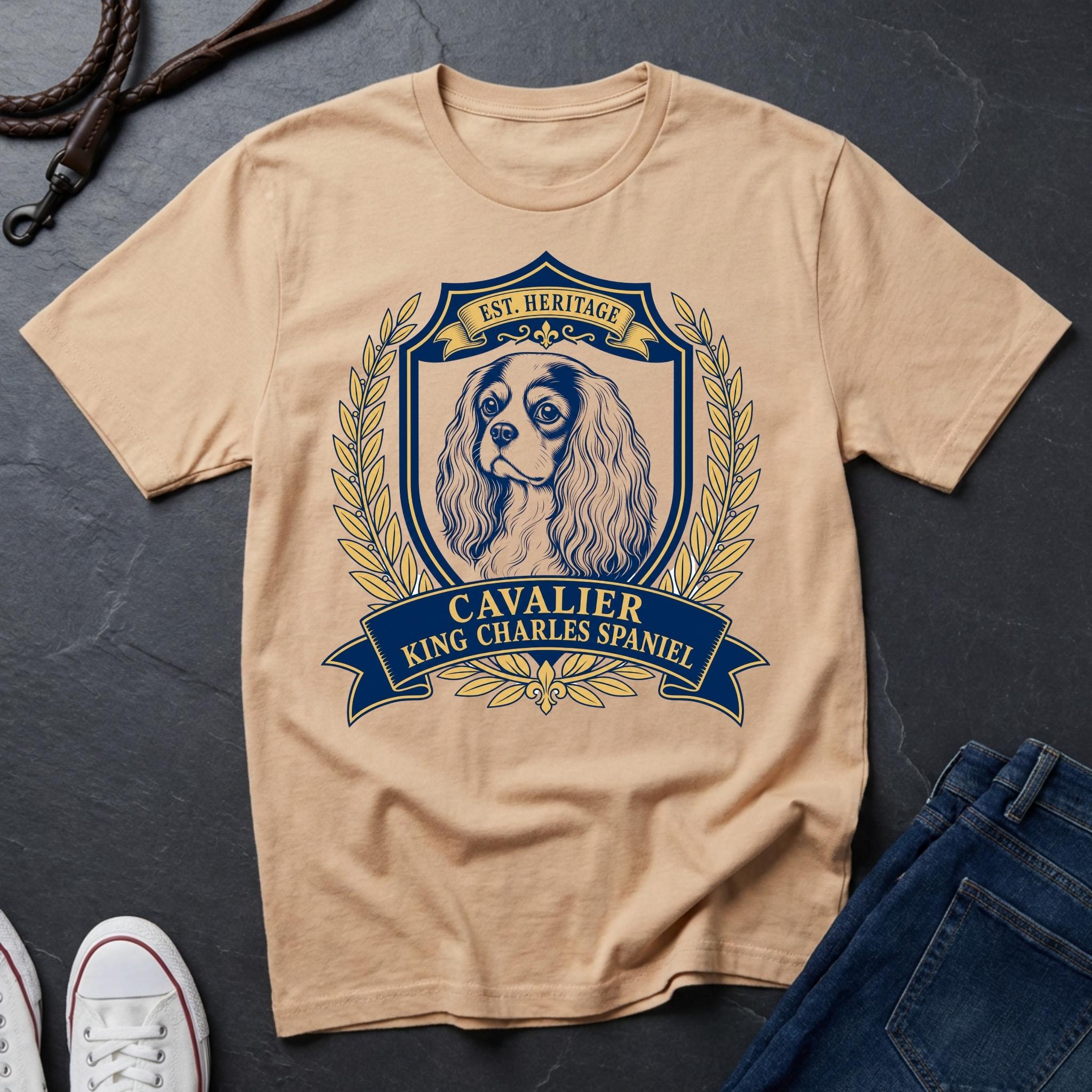 Cavalier King Charles Spaniel heritage badge t-shirt design, navy and gold vintage crest with laurel wreath on a ivory Comfort Colors Tee
