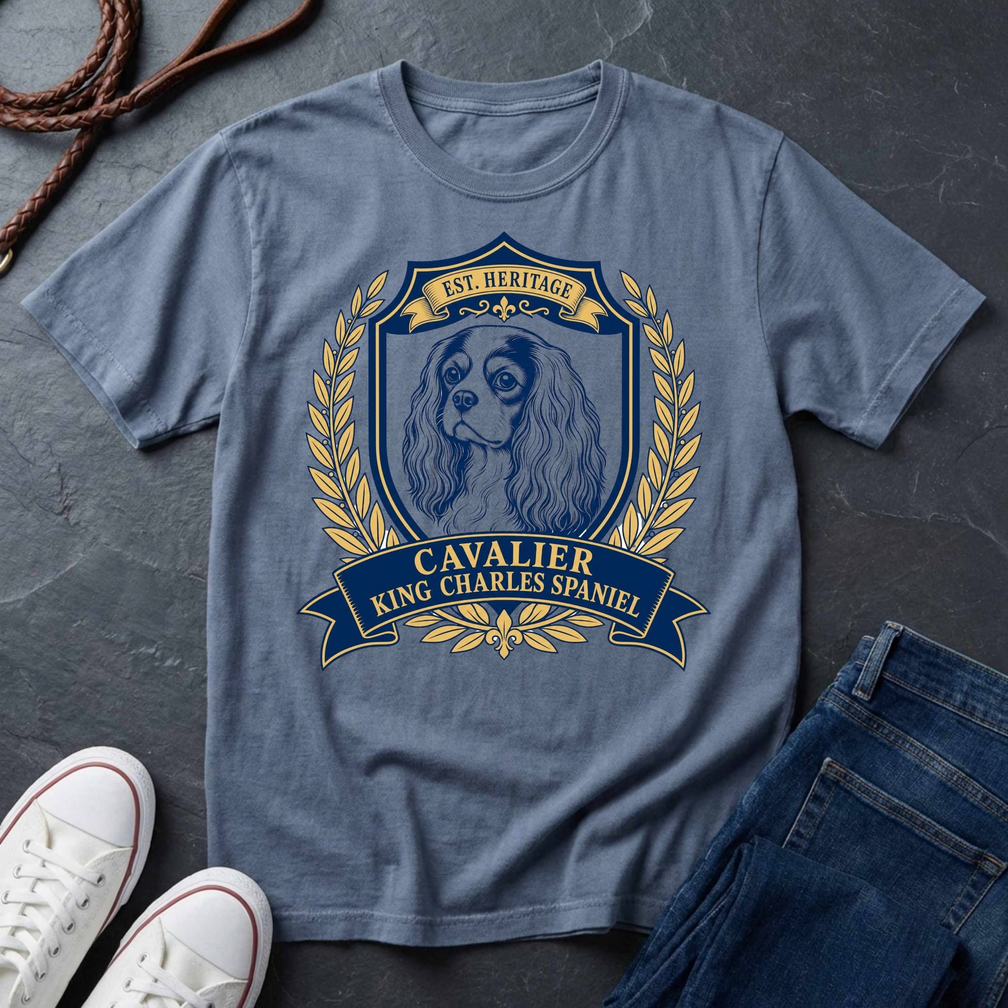 Cavalier King Charles Spaniel heritage badge t-shirt design, navy and gold vintage crest with laurel wreath on a blue jean Comfort Colors Tee
