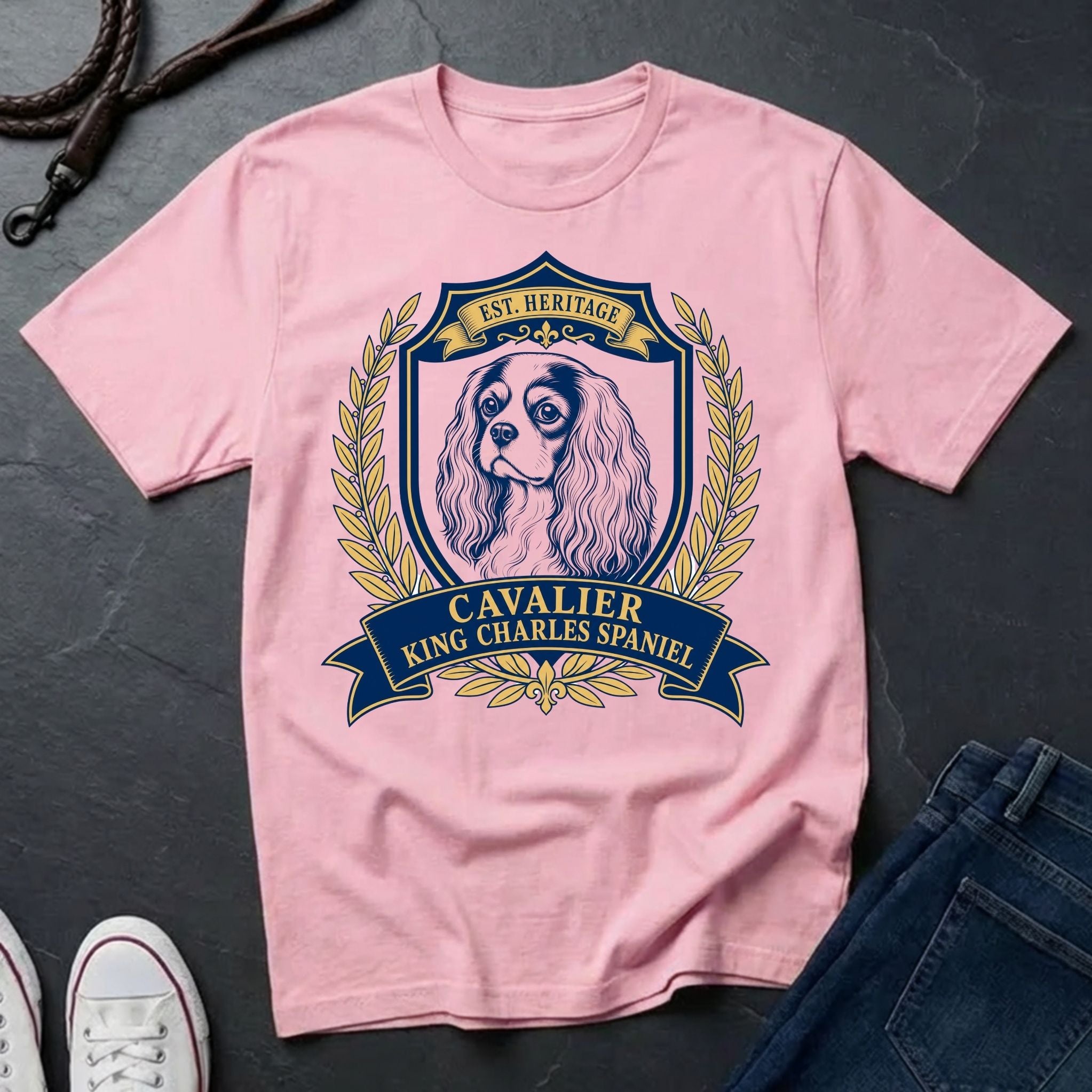 Cavalier King Charles Spaniel heritage badge t-shirt design, navy and gold vintage crest with laurel wreath on a blossom Comfort Colors Tee
