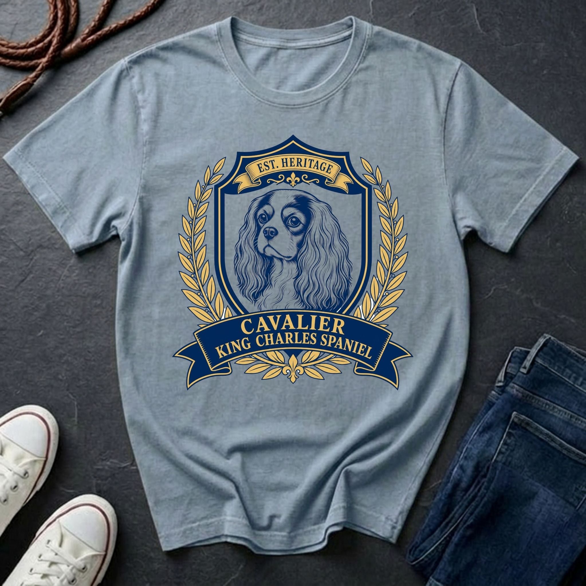 Cavalier King Charles Spaniel heritage badge t-shirt design, navy and gold vintage crest with laurel wreath on a chambray Comfort Colors Tee
