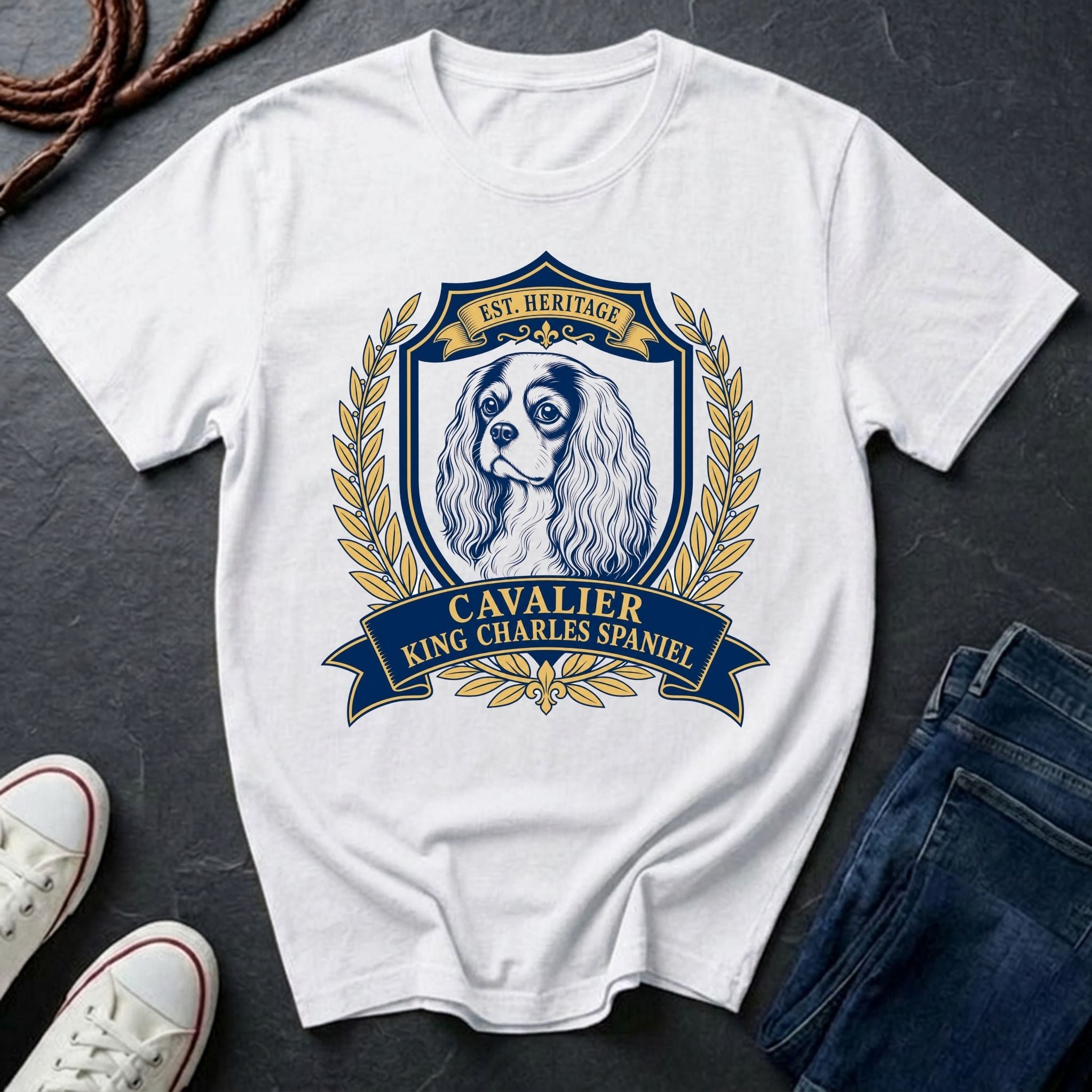Cavalier King Charles Spaniel heritage badge t-shirt design, navy and gold vintage crest with laurel wreath on a white Comfort Colors Tee

