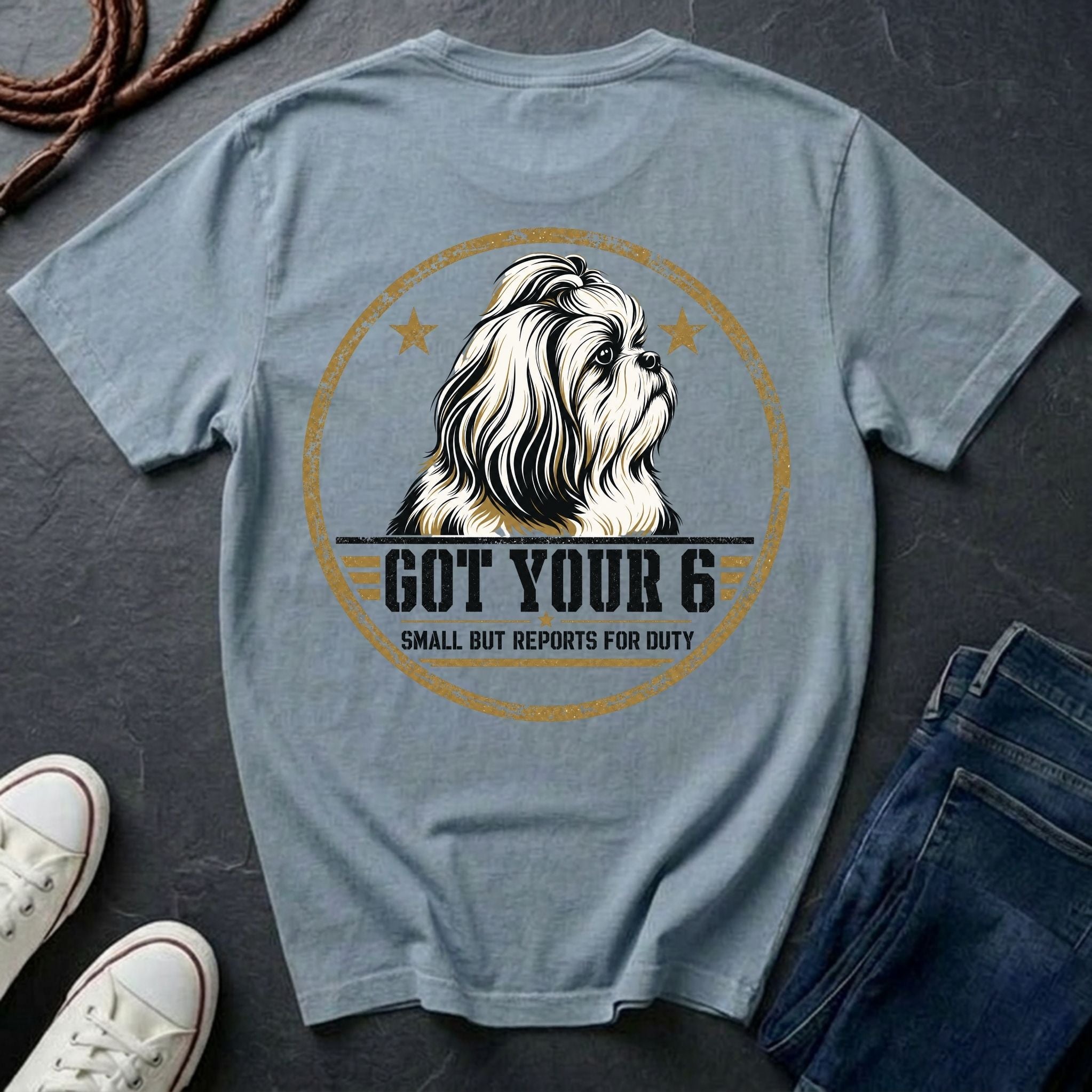 Shih Tzu Got Your 6 t-shirt design, gold distressed military badge with Small But Reports for Duty text on a chambray Comfort Colors Tee