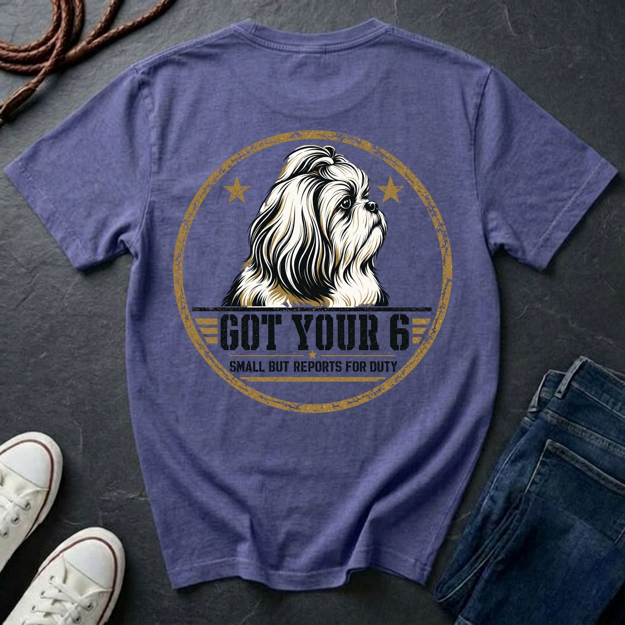 Shih Tzu Got Your 6 t-shirt design, gold distressed military badge with Small But Reports for Duty text on a violet Comfort Colors Tee