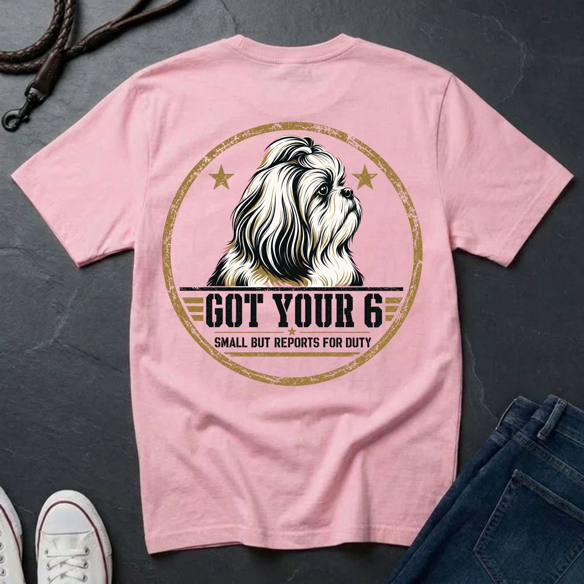 Shih Tzu Got Your 6 t-shirt design, gold distressed military badge with Small But Reports for Duty text on a blossom Comfort Colors Tee