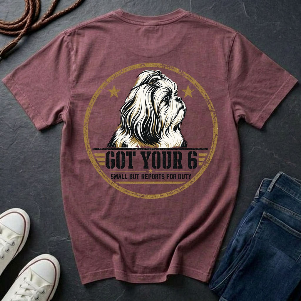 Shih Tzu Got Your 6 t-shirt design, gold distressed military badge with Small But Reports for Duty text on a berry Comfort Colors Tee