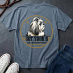 Shih Tzu Got Your 6 t-shirt design, gold distressed military badge with Small But Reports for Duty text on a blue jean Comfort Colors Tee