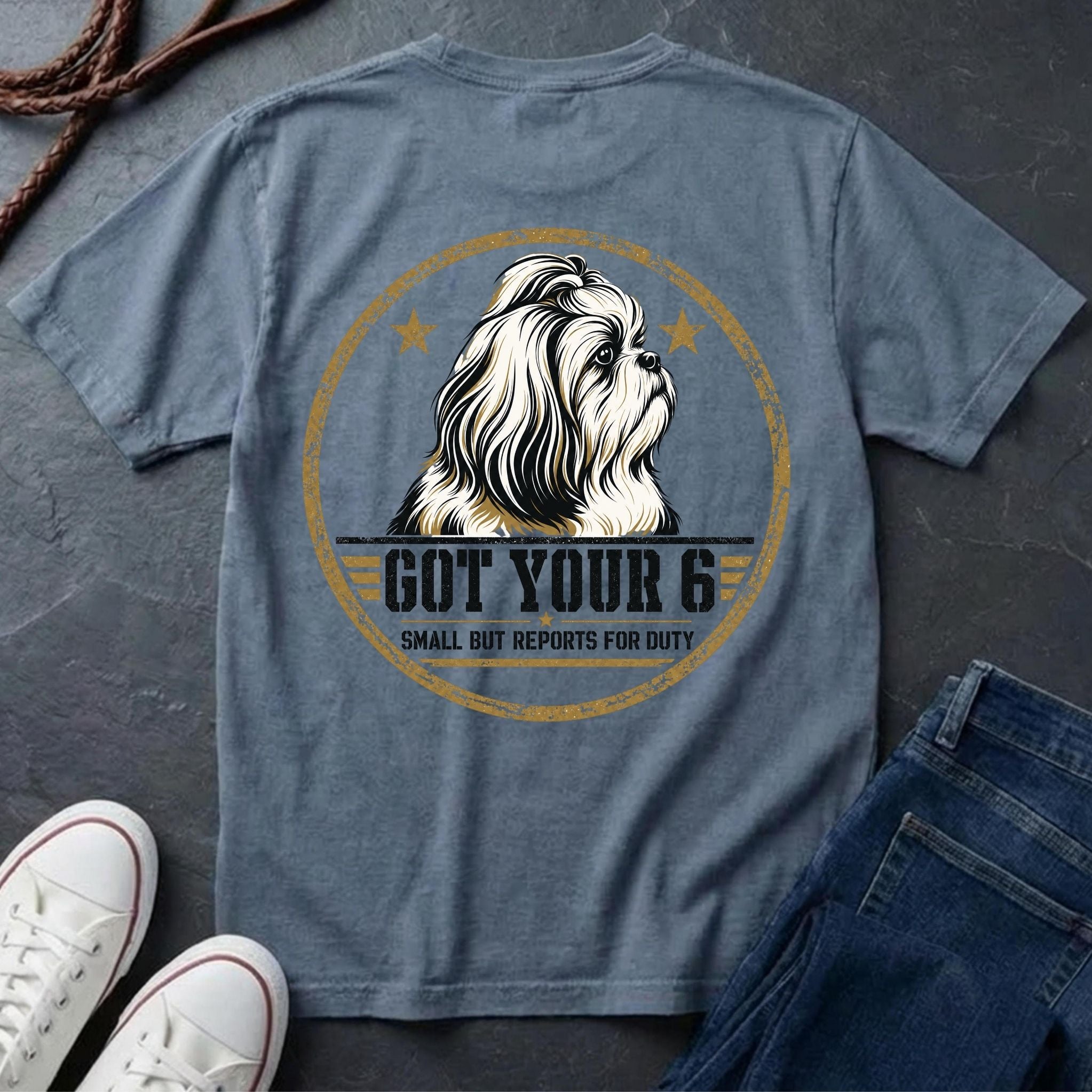 Shih Tzu Got Your 6 t-shirt design, gold distressed military badge with Small But Reports for Duty text on a blue jean Comfort Colors Tee