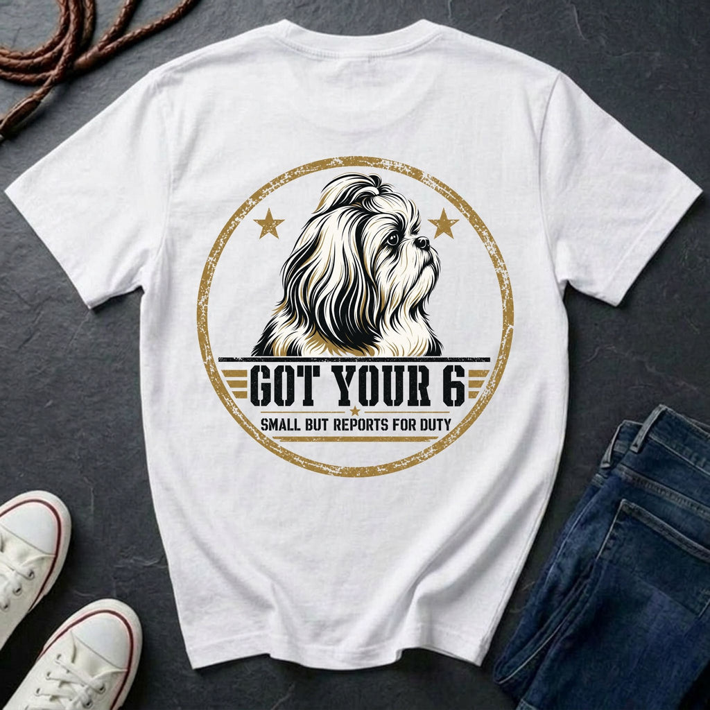 Shih Tzu Got Your 6 t-shirt design, gold distressed military badge with Small But Reports for Duty text on a white Comfort Colors Tee