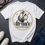 Shih Tzu Got Your 6 t-shirt design, gold distressed military badge with Small But Reports for Duty text on a white Comfort Colors Tee