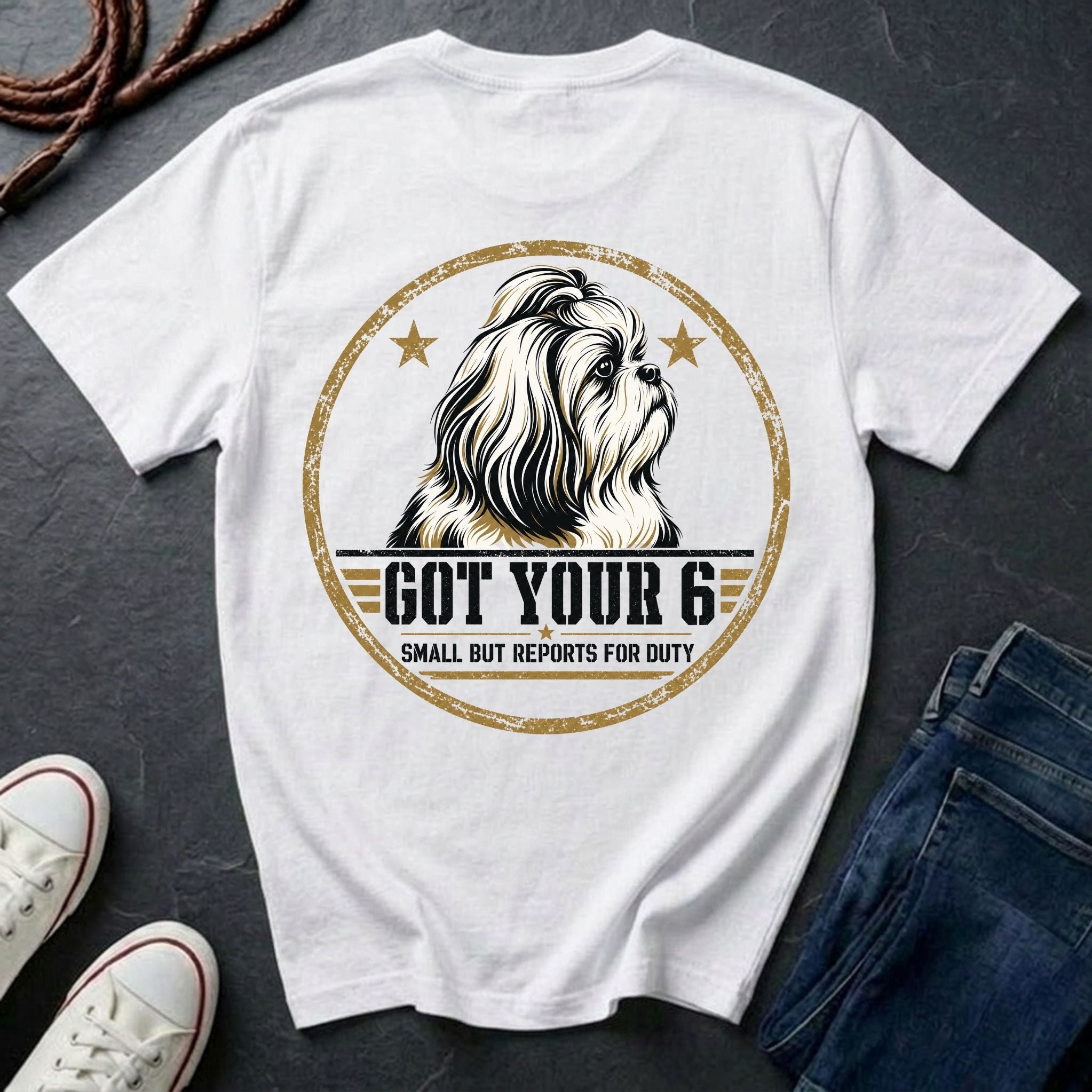 Shih Tzu Got Your 6 t-shirt design, gold distressed military badge with Small But Reports for Duty text on a white Comfort Colors Tee