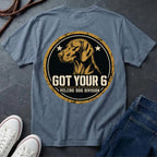 Vizsla Got Your 6 t-shirt design, gold distressed military badge with Velcro Dog Division text on a blue jean Comfort Colors Tee