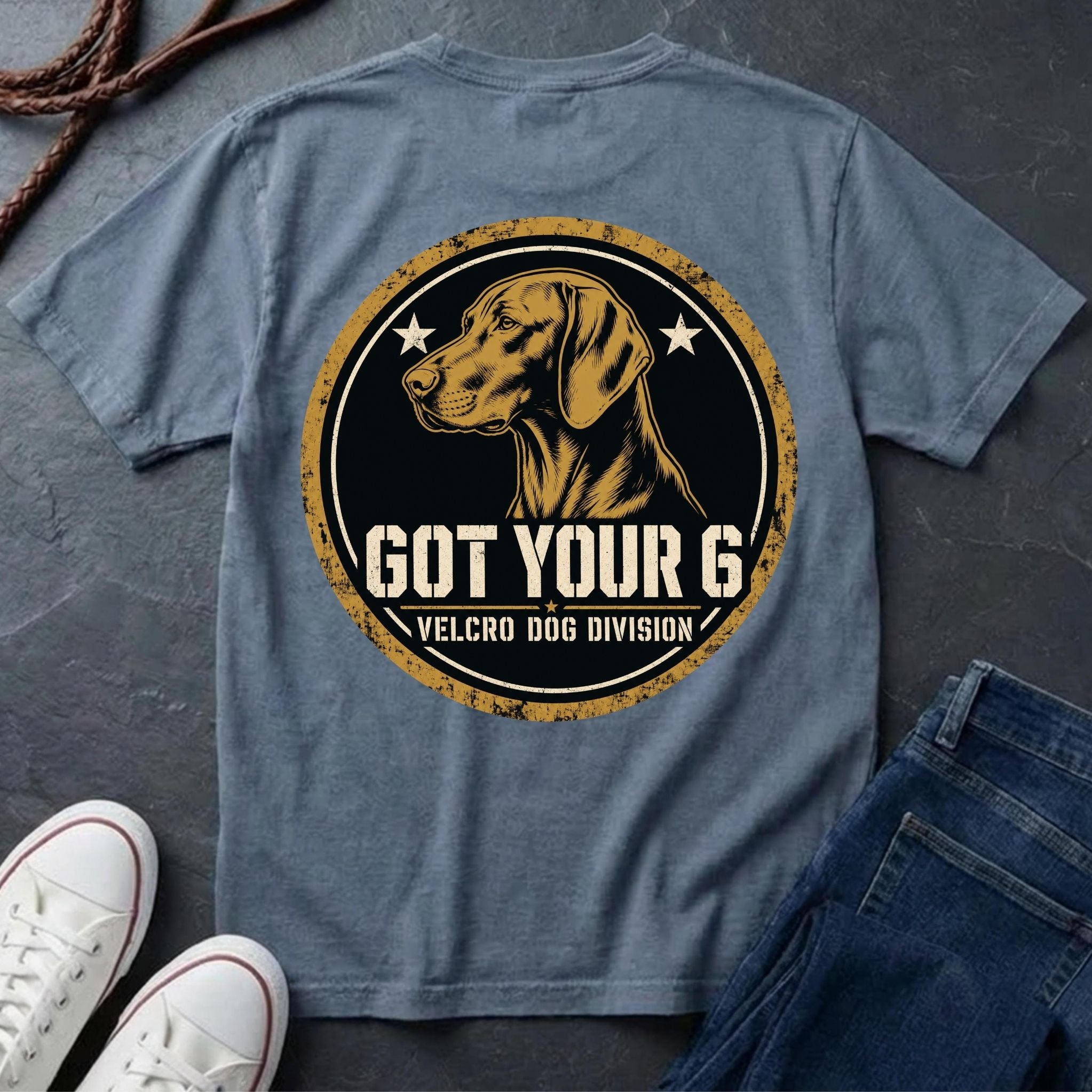 Vizsla Got Your 6 t-shirt design, gold distressed military badge with Velcro Dog Division text on a blue jean Comfort Colors Tee