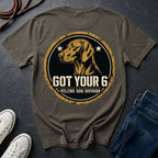 Vizsla Got Your 6 t-shirt design, gold distressed military badge with Velcro Dog Division text on a grey Comfort Colors Tee