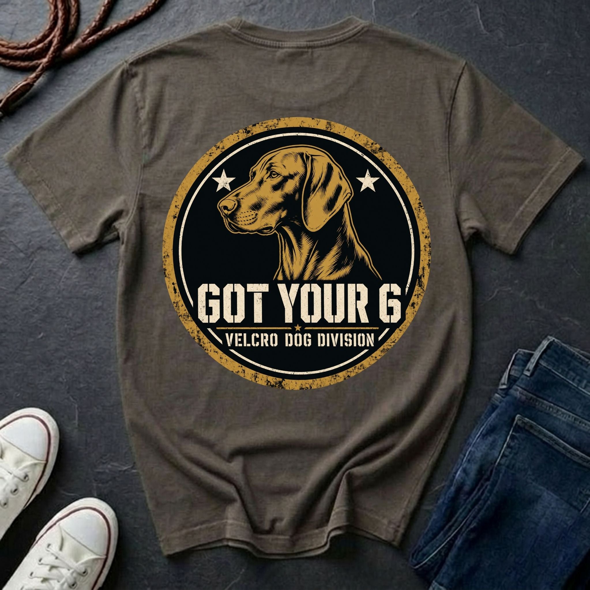 Vizsla Got Your 6 t-shirt design, gold distressed military badge with Velcro Dog Division text on a grey Comfort Colors Tee