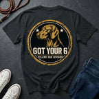 Vizsla Got Your 6 t-shirt design, gold distressed military badge with Velcro Dog Division text on a black Comfort Colors Tee