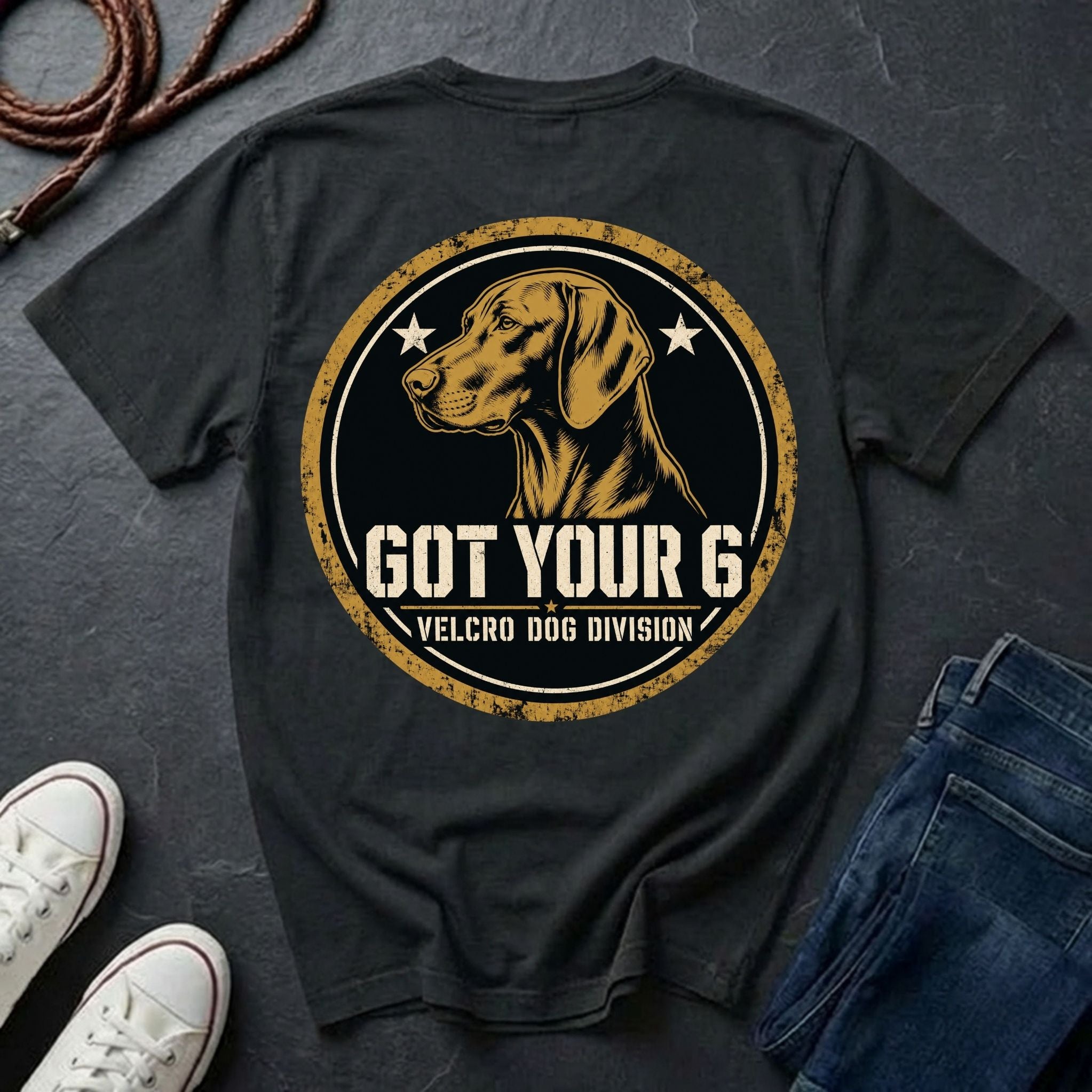 Vizsla Got Your 6 t-shirt design, gold distressed military badge with Velcro Dog Division text on a black Comfort Colors Tee