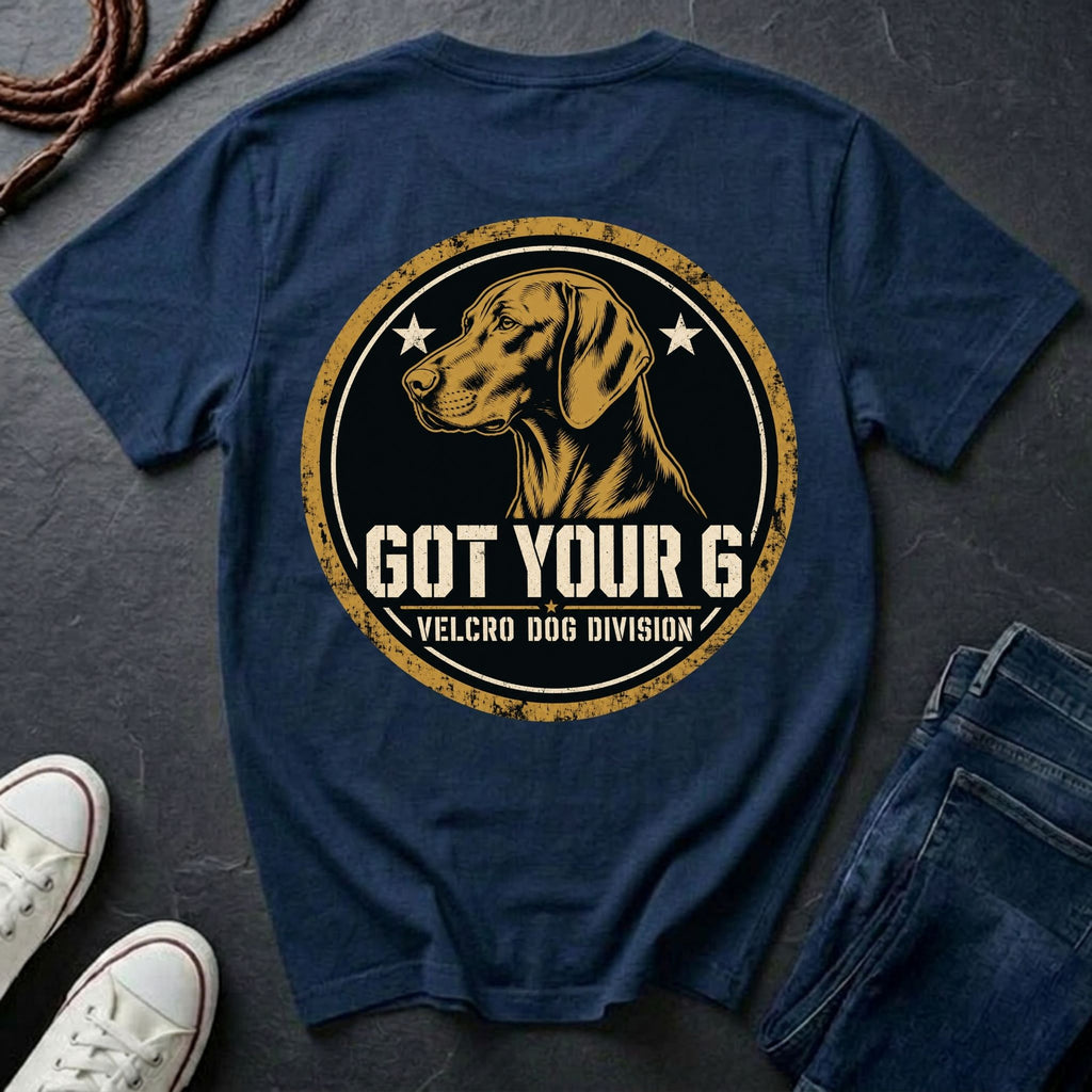 Vizsla Got Your 6 t-shirt design, gold distressed military badge with Velcro Dog Division text on a navy Comfort Colors Tee
