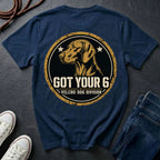 Vizsla Got Your 6 t-shirt design, gold distressed military badge with Velcro Dog Division text on a navy Comfort Colors Tee