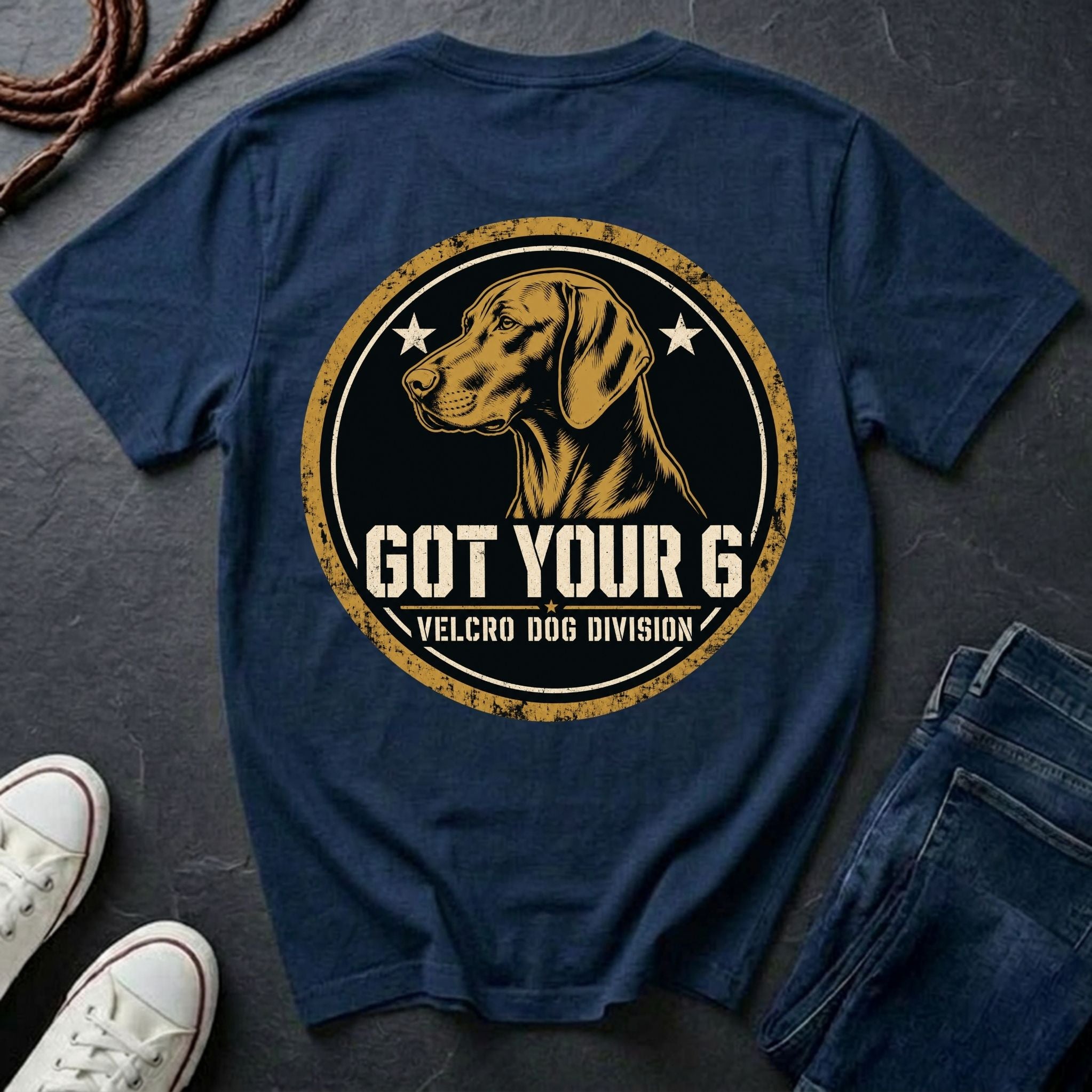 Vizsla Got Your 6 t-shirt design, gold distressed military badge with Velcro Dog Division text on a navy Comfort Colors Tee
