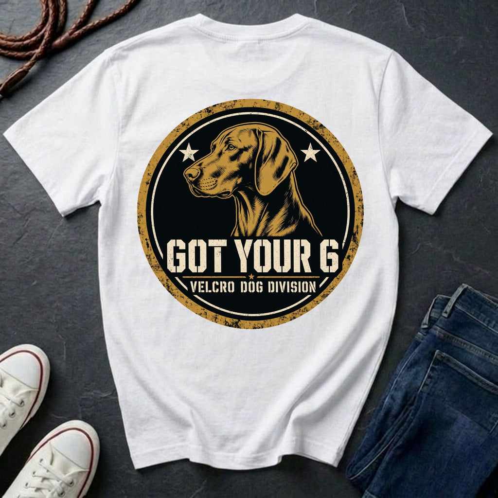 Vizsla Got Your 6 t-shirt design, gold distressed military badge with Velcro Dog Division text on a white Comfort Colors Tee