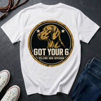 Vizsla Got Your 6 t-shirt design, gold distressed military badge with Velcro Dog Division text on a white Comfort Colors Tee