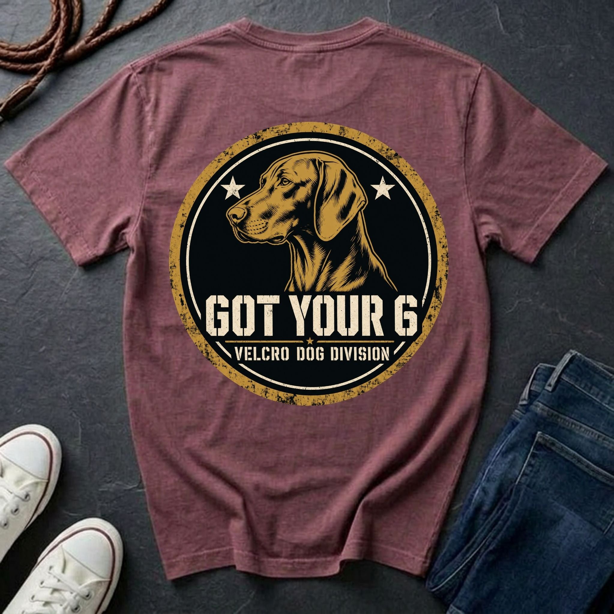 Vizsla Got Your 6 t-shirt design, gold distressed military badge with Velcro Dog Division text on a berry Comfort Colors Tee